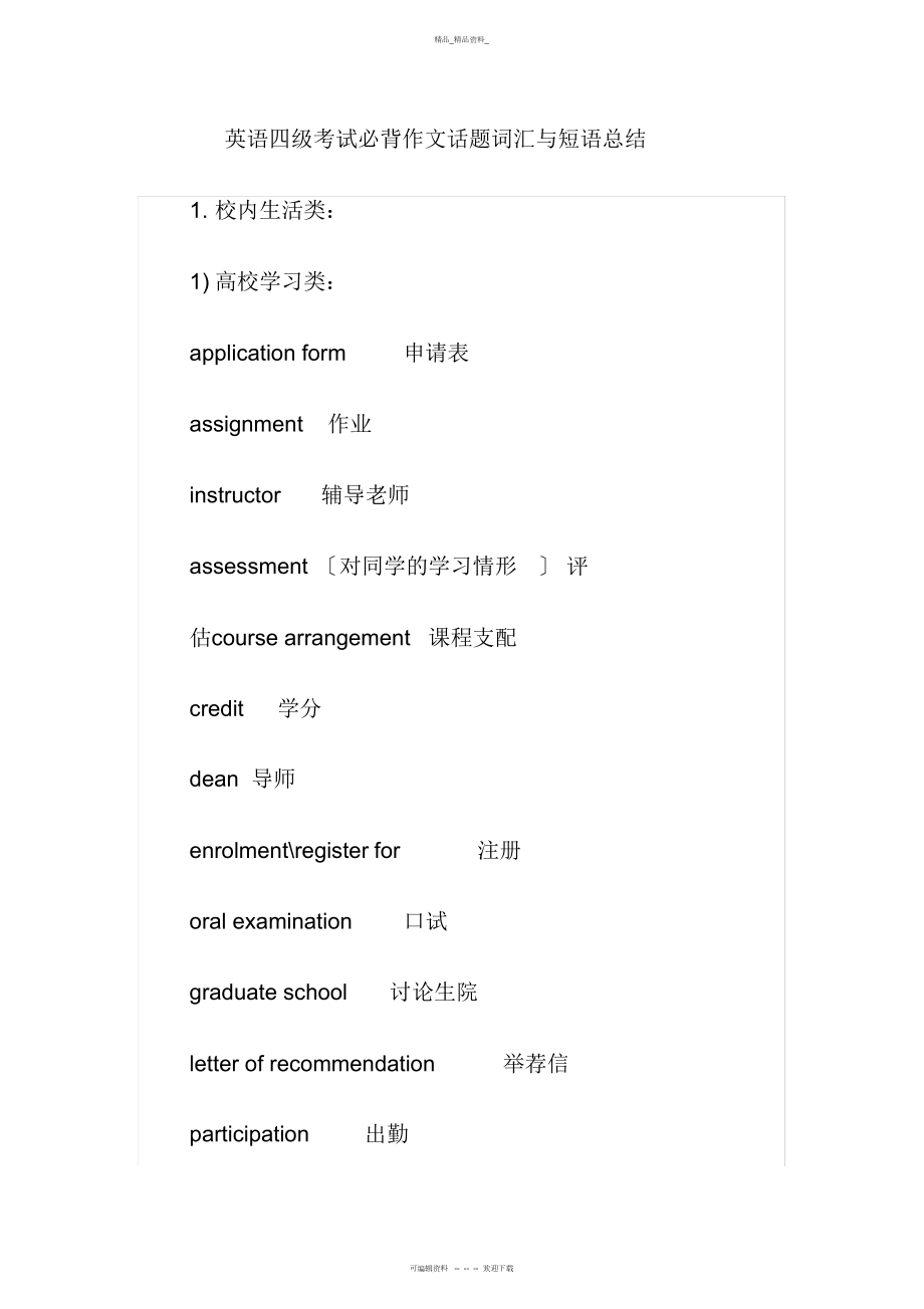 2022年英语四级考试必背作文话题词汇与短语总结.docx_第1页