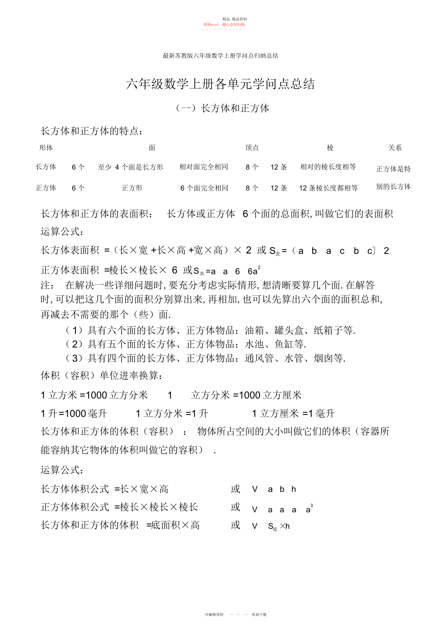 2022年最新苏教版六级数学上册知识点归纳总结 .docx_第1页