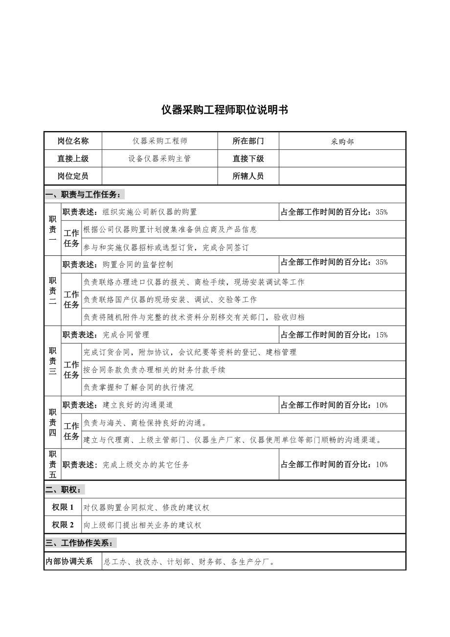 华北光学仪器公司采购部仪器采购工程师职位说明书.docx_第1页