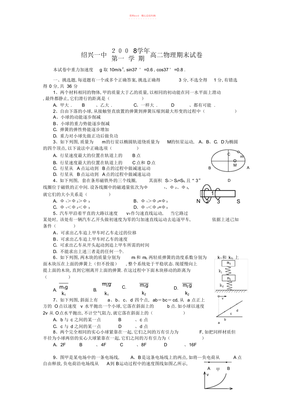 2022年浙江省绍兴一中高二上学期物理期末试卷含答案 .docx_第1页