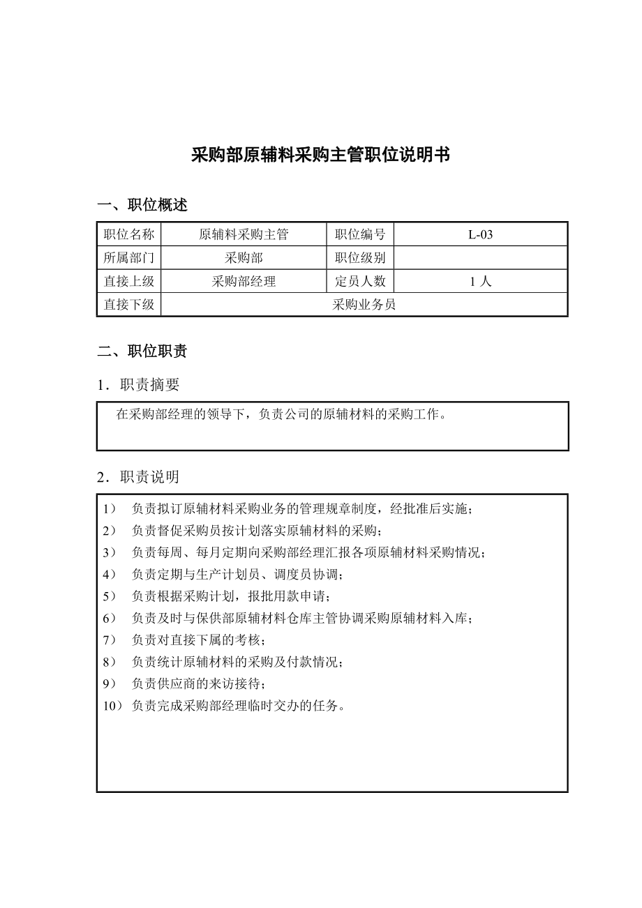 钢铁行业-采购部-原辅料采购主管岗位说明书.docx_第1页