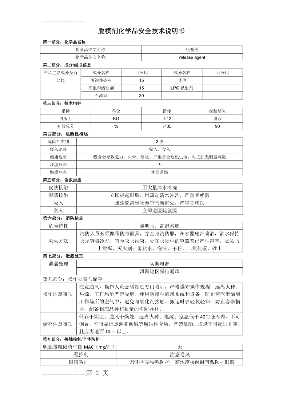 脱模剂化学品MSDS(3页).doc_第2页