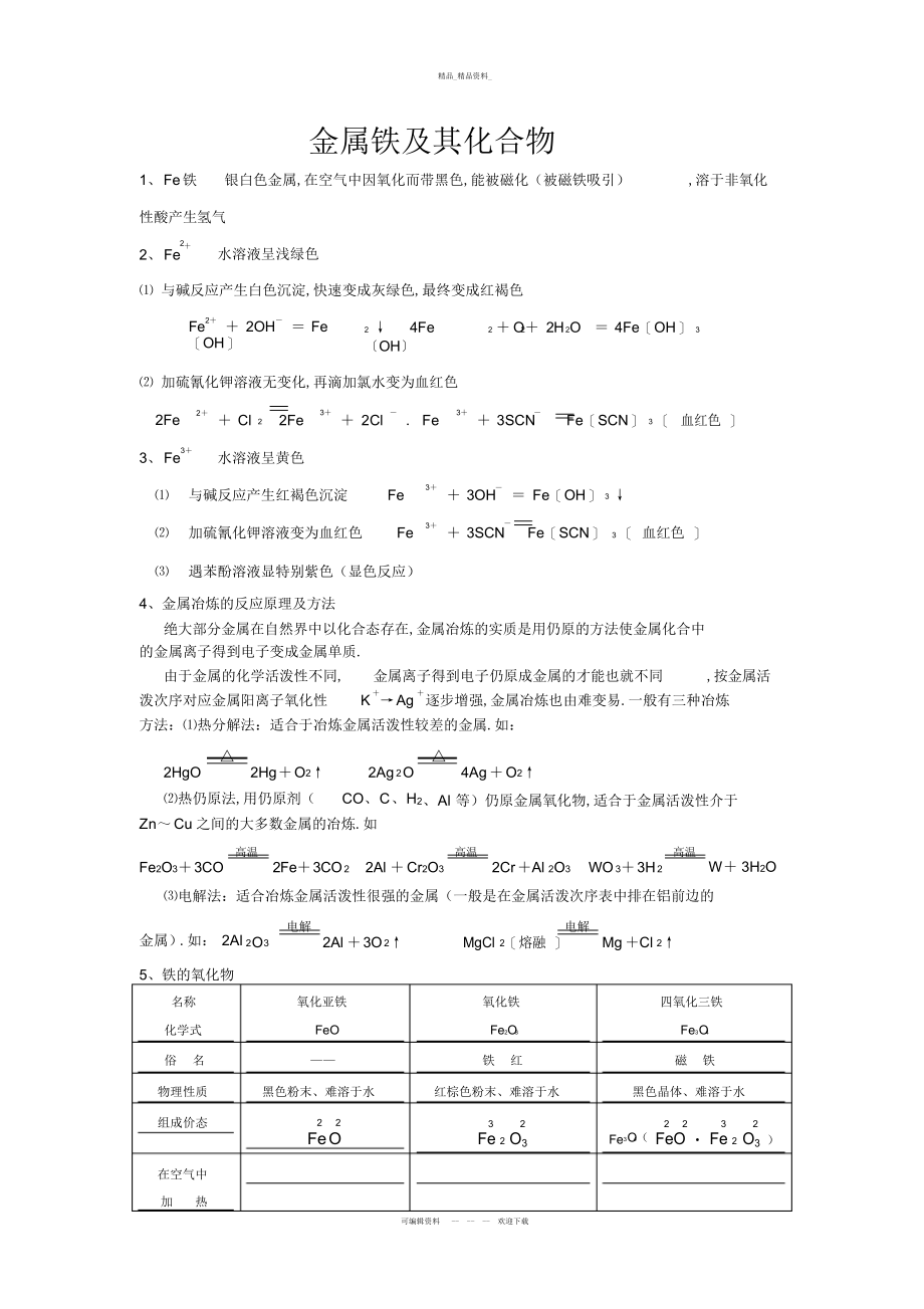 2022年最新高一必修一化学金属铁及其化合物知识总结与习题教学文案 .docx_第1页