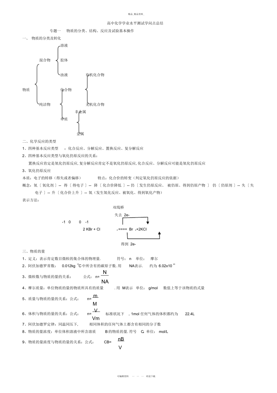 2022年浙江省高中化学学业水平考试知识点总结教学内容 .docx_第1页