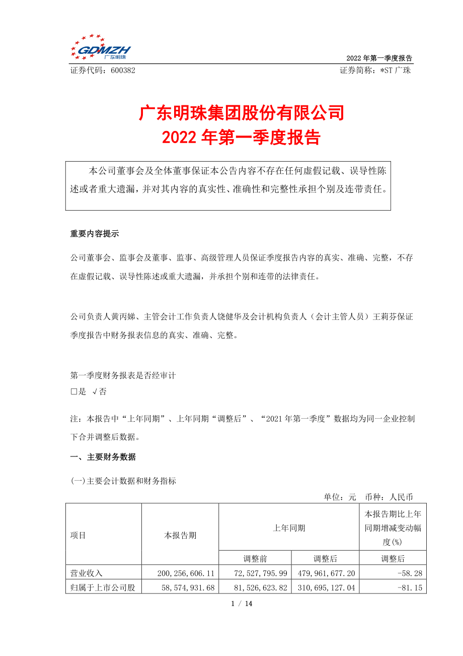 _ST广珠：广东明珠集团股份有限公司2022年第一季度报告.PDF_第1页