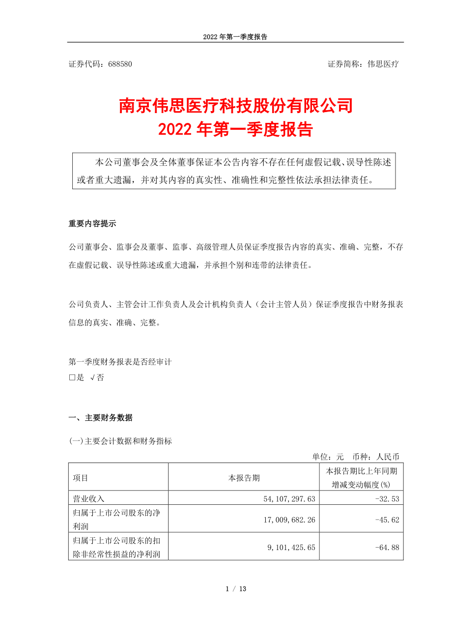 伟思医疗：南京伟思医疗科技股份有限公司2022第一季度报告.PDF_第1页