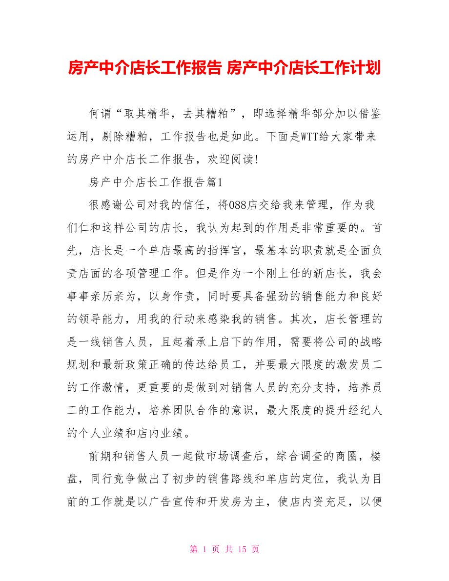 房产中介店长工作报告 房产中介店长工作计划.doc_第1页