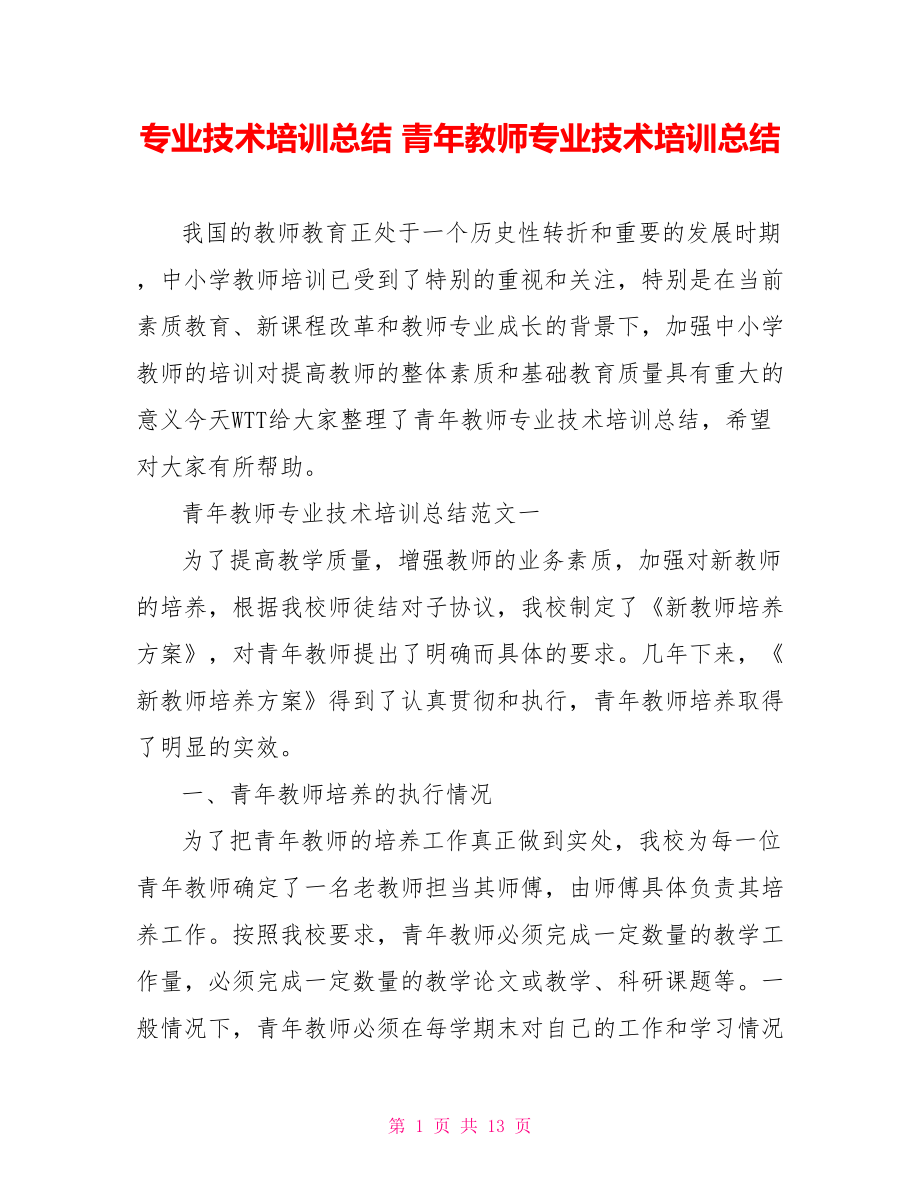 专业技术培训总结 青年教师专业技术培训总结 .doc_第1页