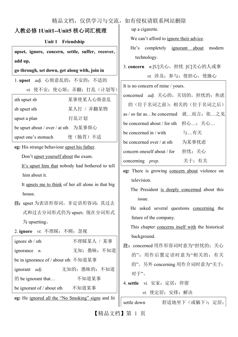 人教版高中英语必修1核心词汇讲解及训练.doc_第1页