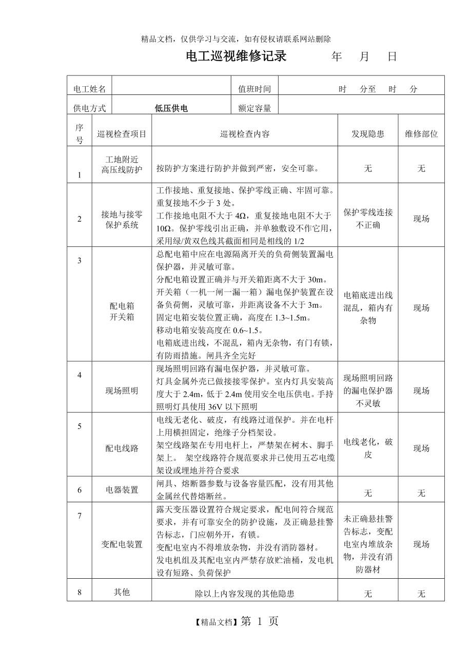 电工巡视维修记录(含内容).doc_第1页