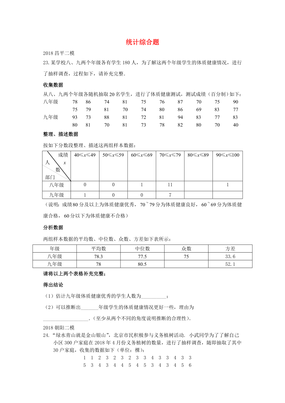 北京市年中考数学二模试题汇编-统计综合题(无答案).doc_第1页