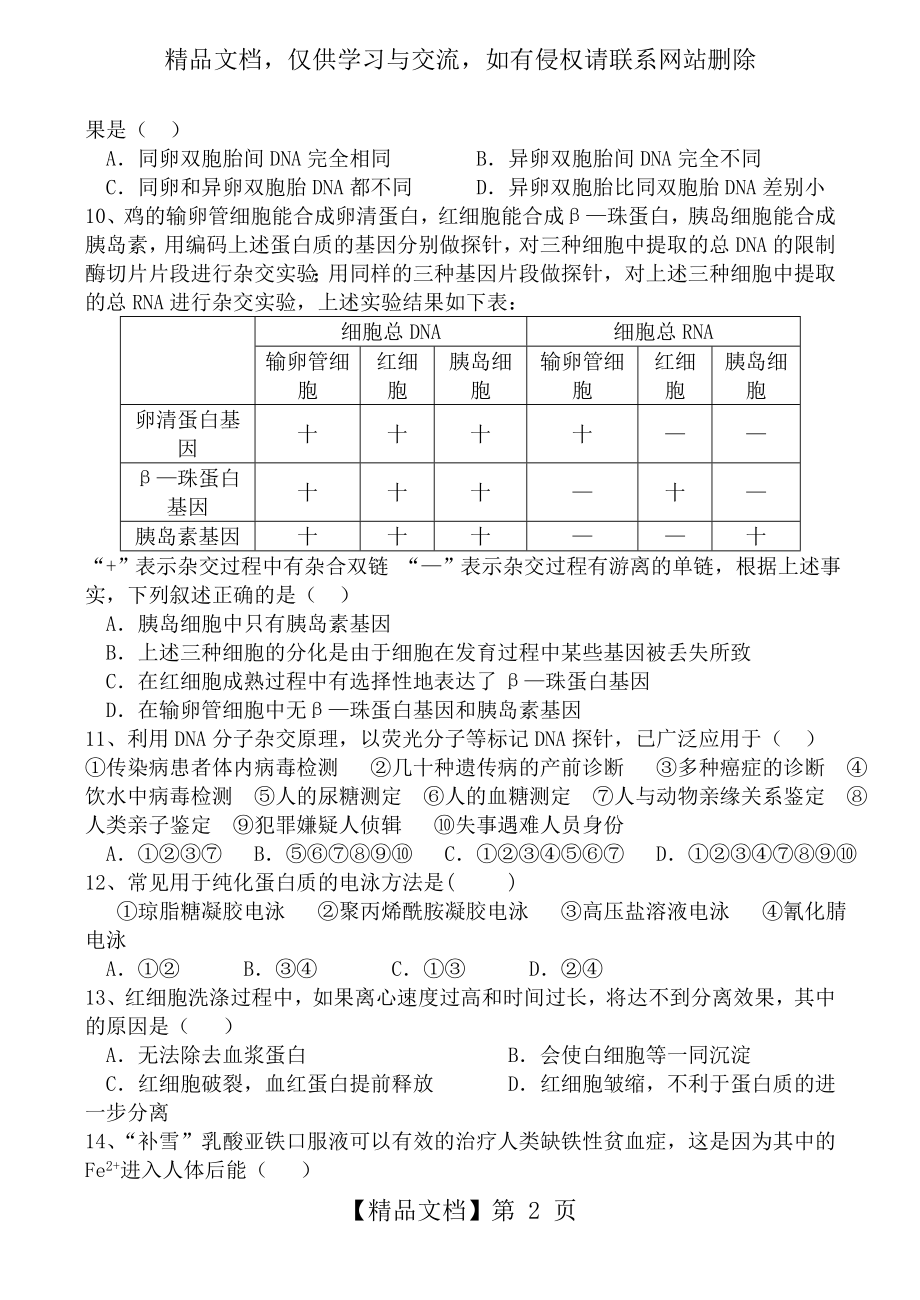 人教版试题试卷新人教版高中生物选修1专题5-DNA和蛋白质技术-综合练习.doc_第2页