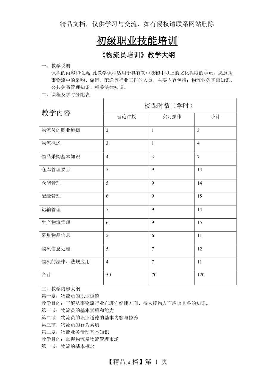 初级物流员培训教学大纲.doc_第1页