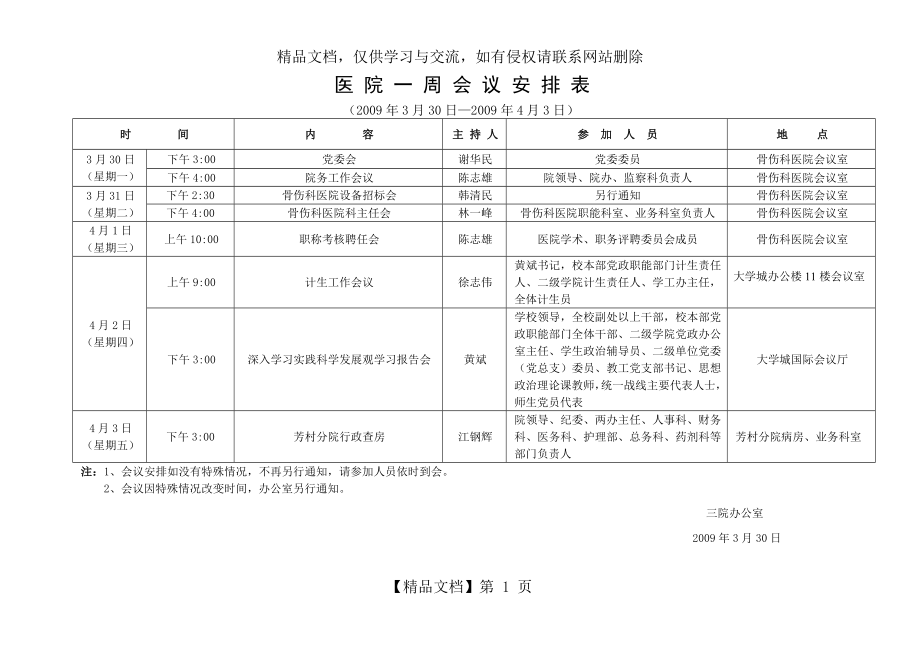 医院一周会议安排表.doc_第1页