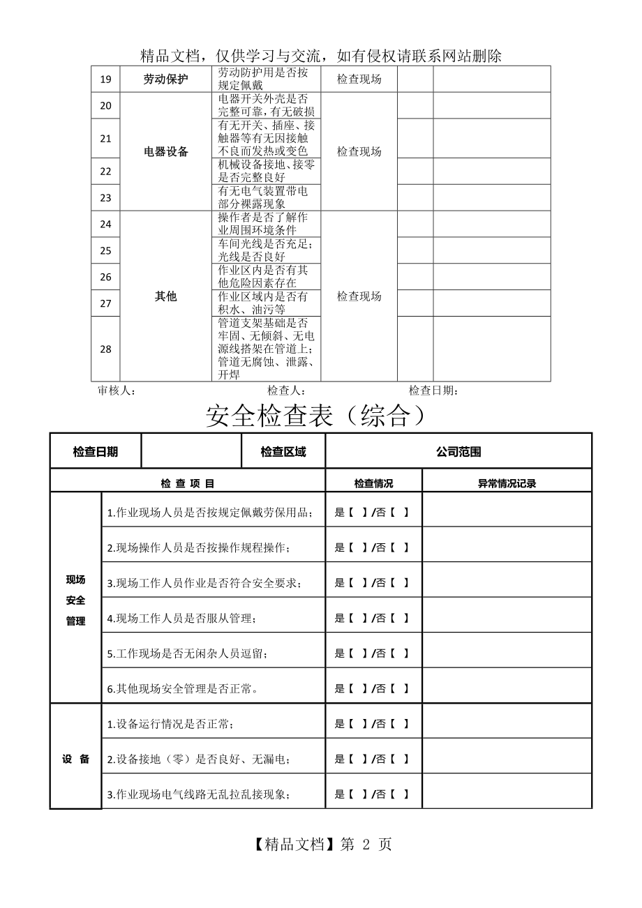 安全生产检查表模板(每周、月、综合).docx_第2页