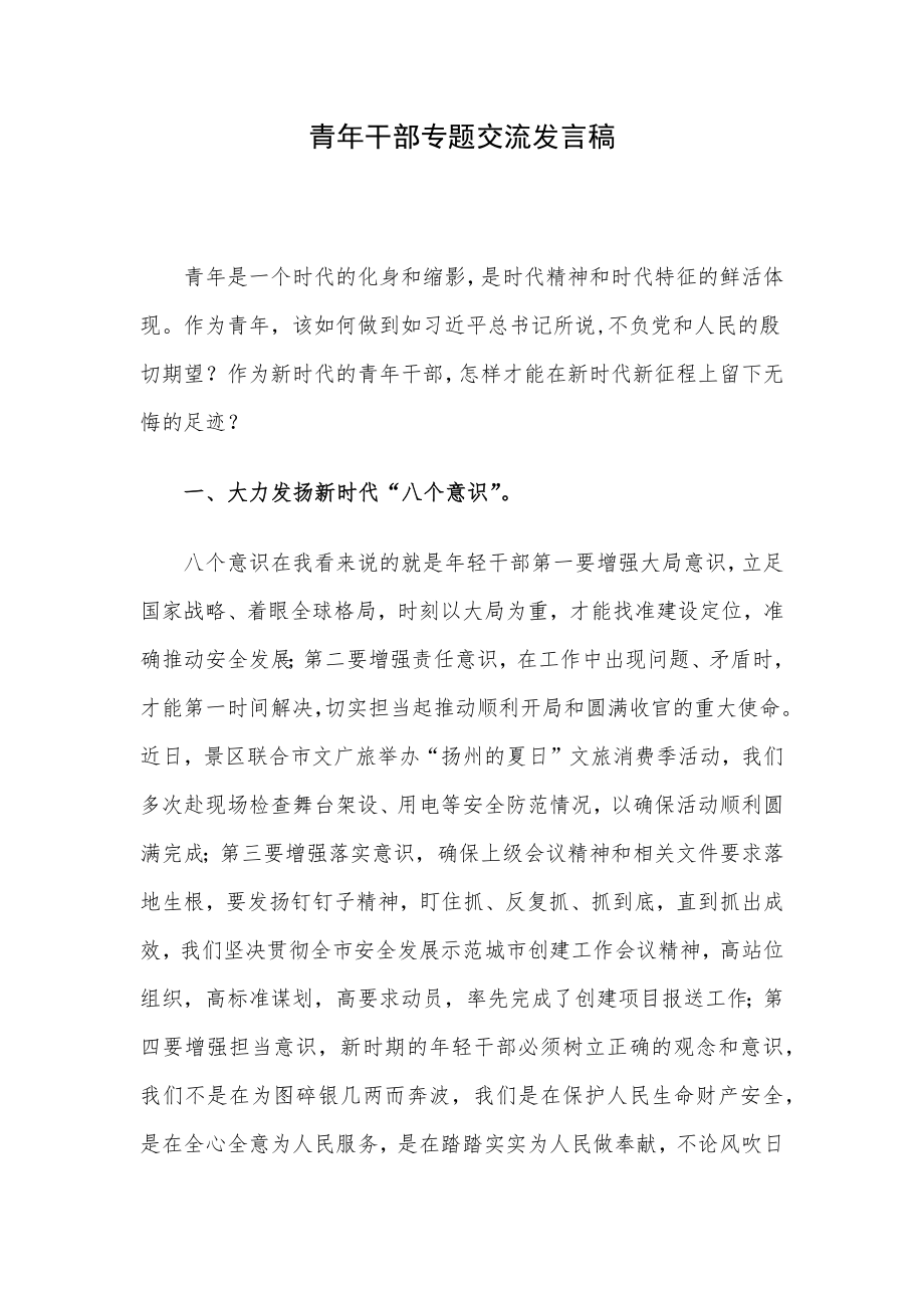 青年干部专题交流发言稿.docx_第1页