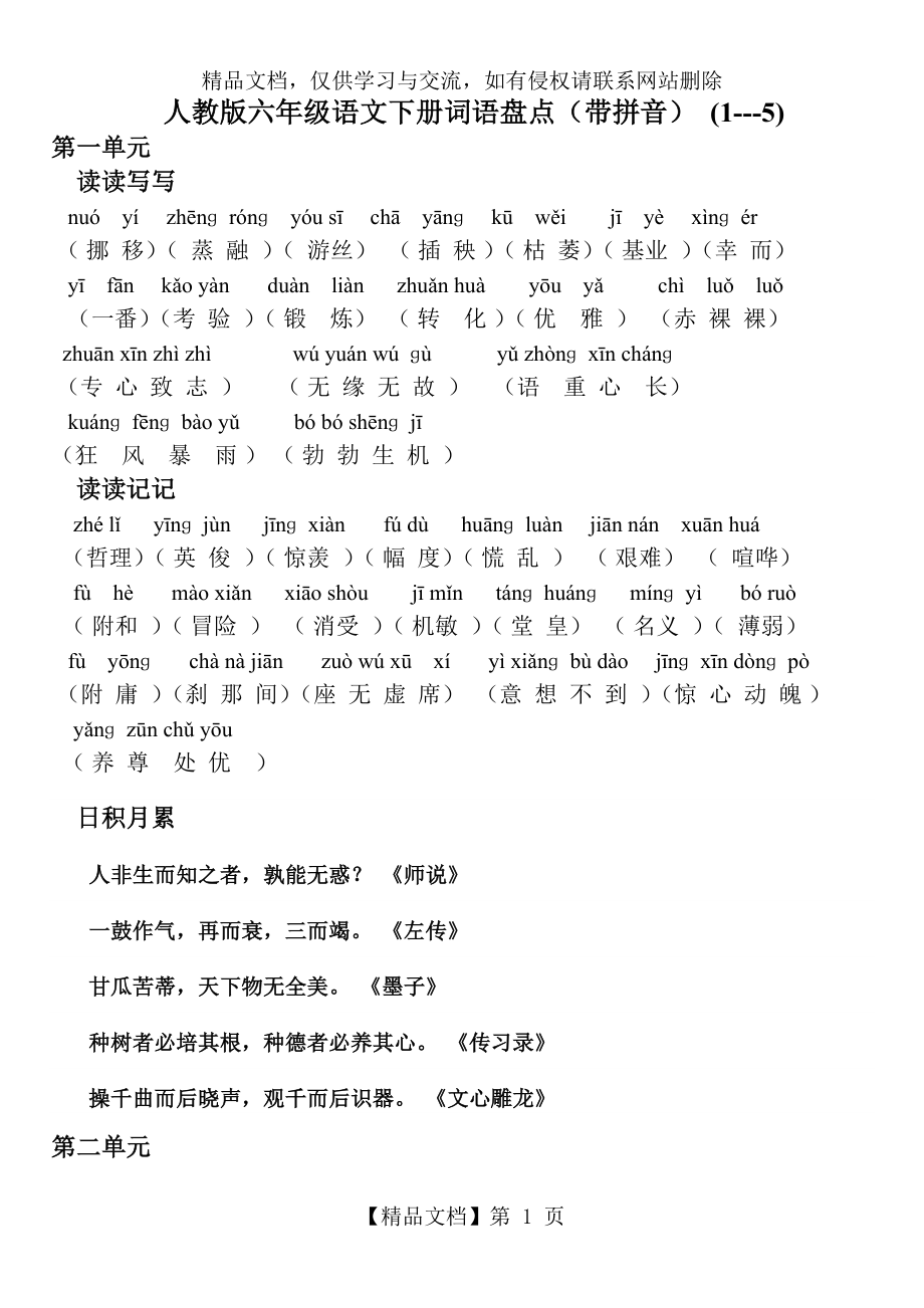 人教版六年级语文下册词语盘点(带拼音).doc_第1页