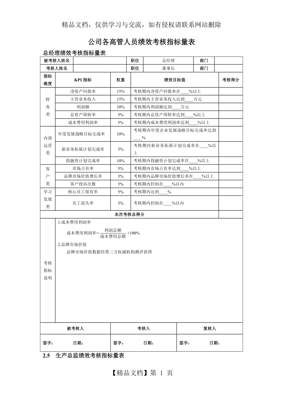 公司各高管人员绩效考核指标量表.doc_第1页