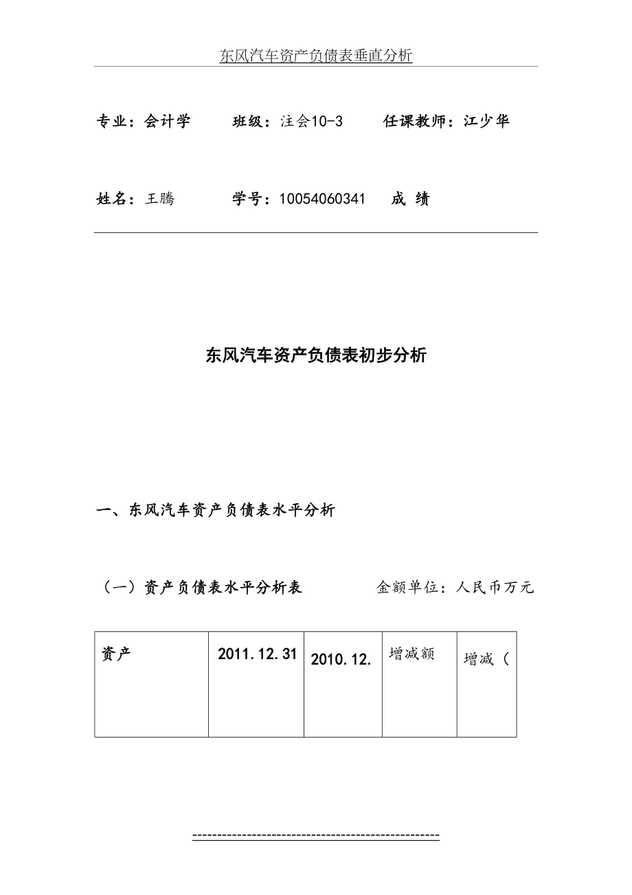 东风汽车资产负债表垂直和水平分析--2010-度.doc_第2页