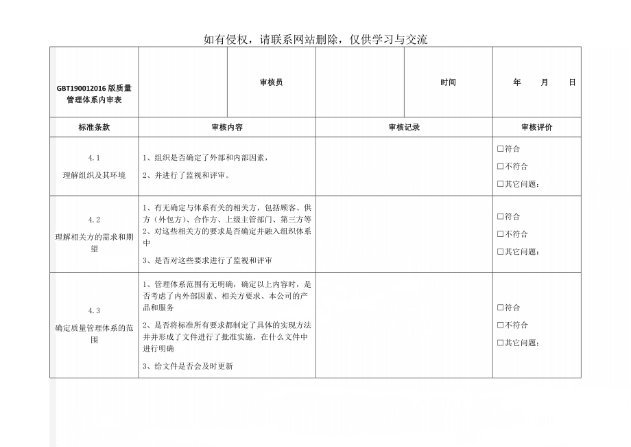 GBT190012016版质量管理体系内审表16页word.doc_第1页