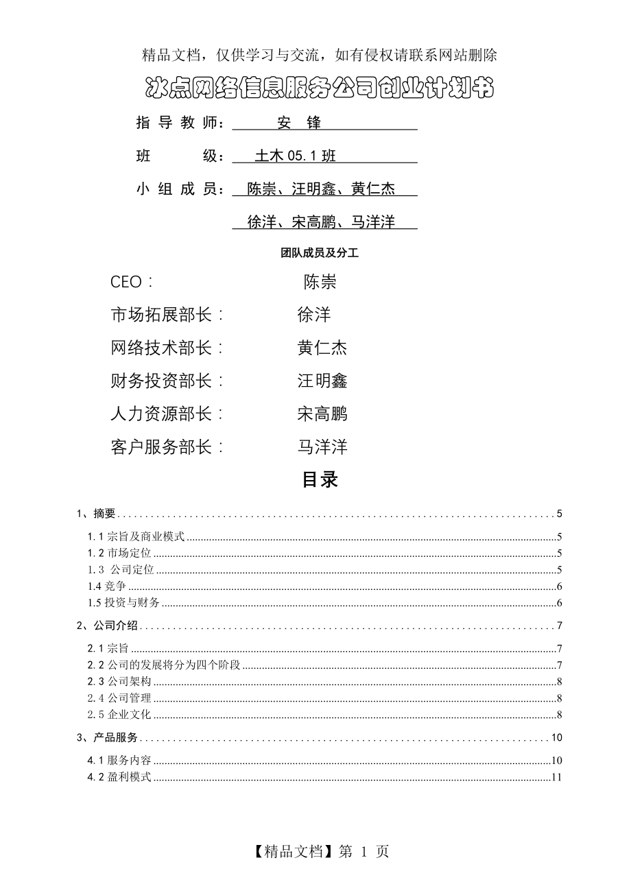 冰点网络信息服务公司创业计划书.doc_第1页