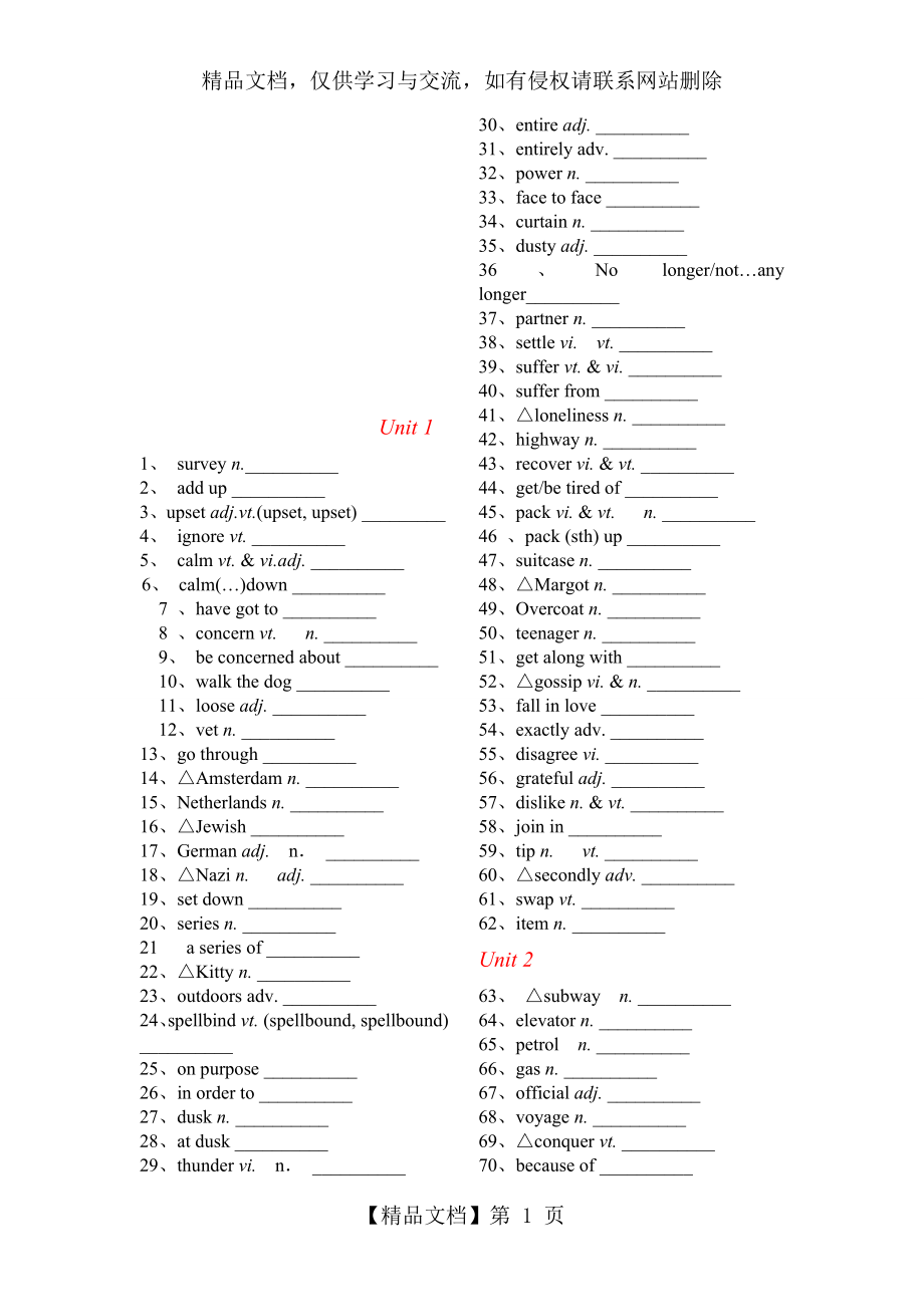 人教版高中英语必修1--选修8单词默写(英译汉).doc_第1页