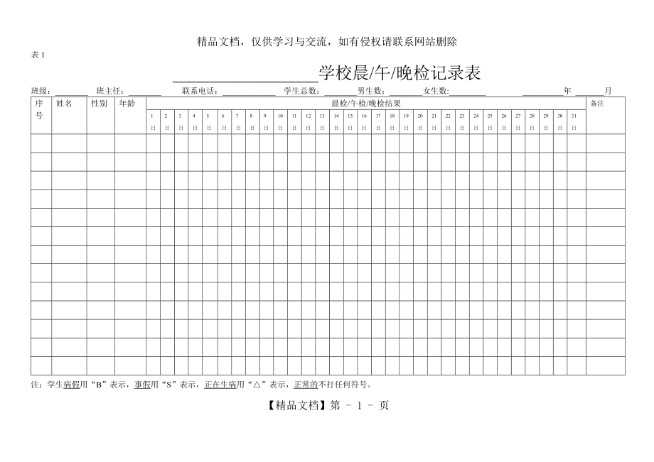 学校晨午晚三检记录表.doc_第1页