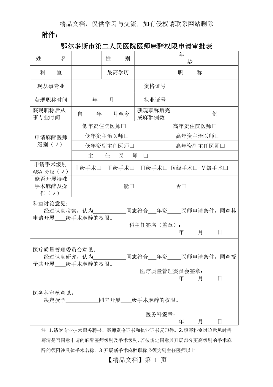 医师麻醉权限申请审批表.doc_第1页