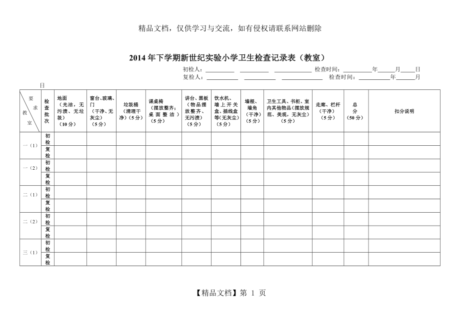 卫生检查记录表(教室).doc_第1页