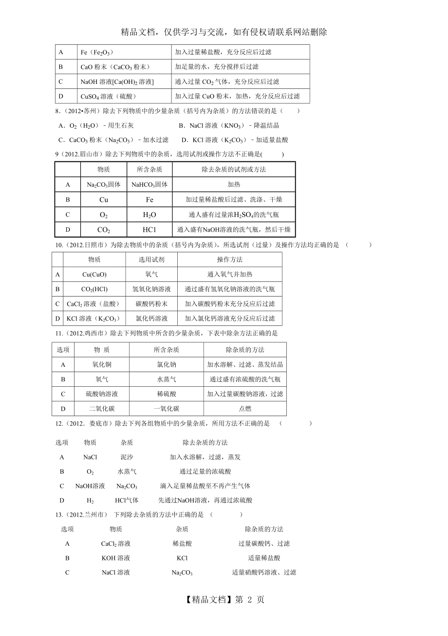 初中化学、中考除杂专题练习(含答案).doc_第2页