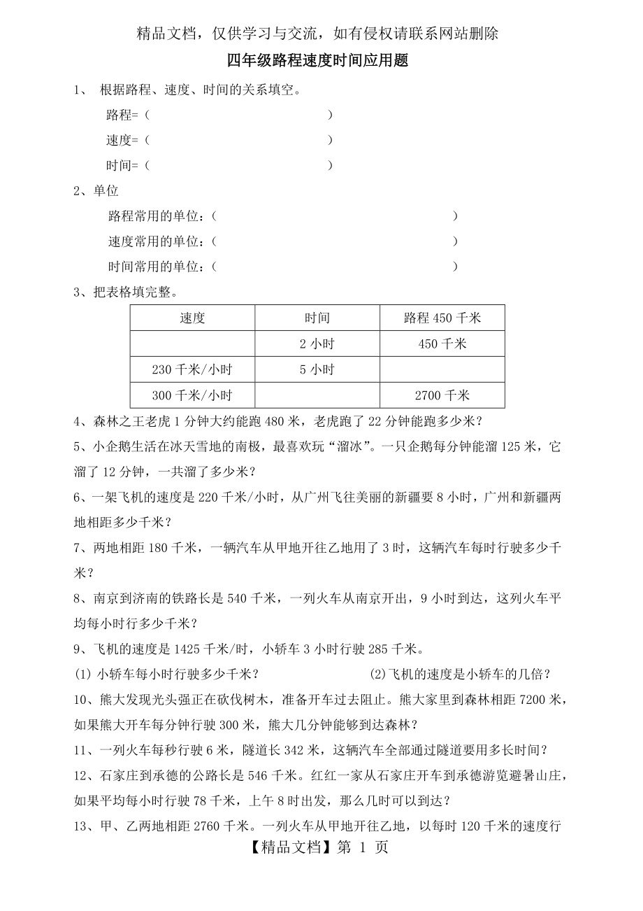 北师大四年级除法应用题路程速度时间.docx_第1页