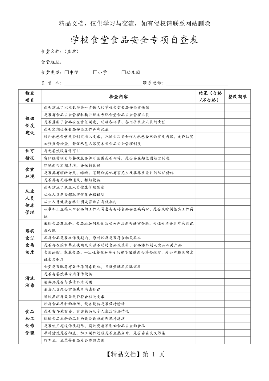 学校食堂食品安全专项自查(表).doc_第1页