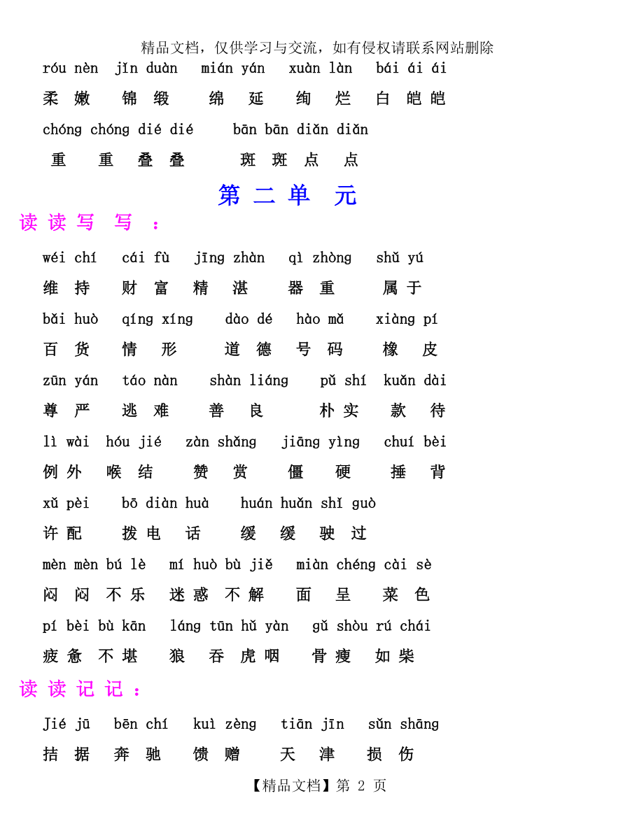 人教版小学语文四年级下册词语盘点带拼音.doc_第2页