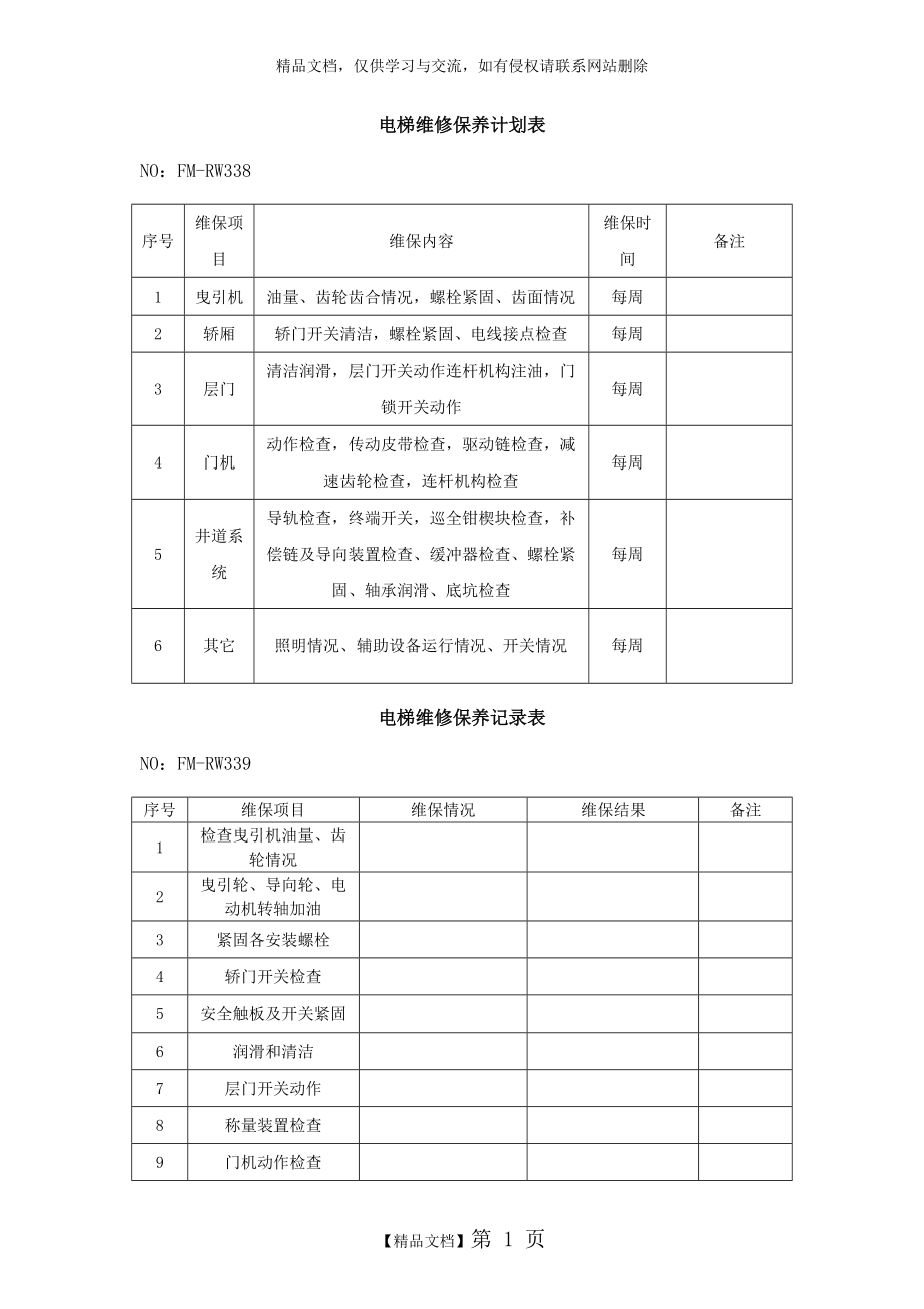 电梯维修保养计划表.doc_第1页