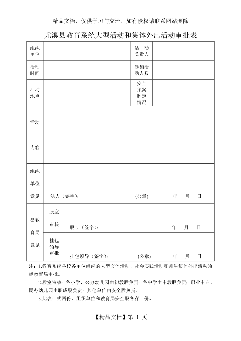 学校校内大型活动和集体外出活动审批表.doc_第1页