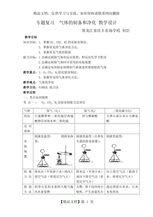 人教版初三化学下册初中化学常见气体的制取和净化专题教学设计.doc