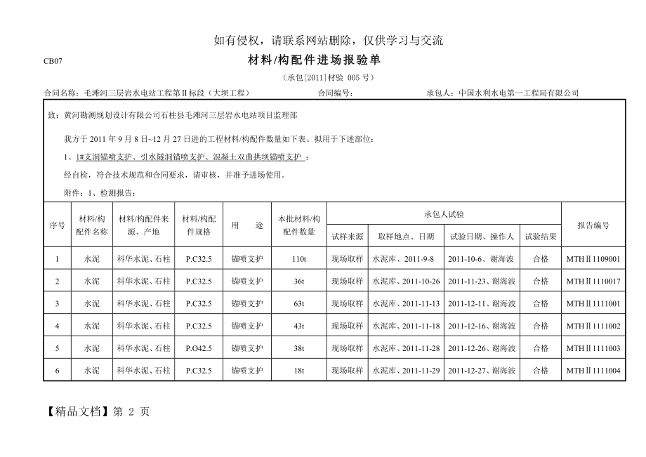 CB07材料、构配件进场报验单(005钢筋、水泥).doc_第2页