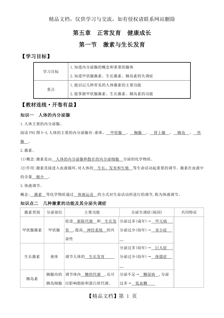 冀少版七年级下册生物导学案专题5.1-激素与生长发育.doc_第1页