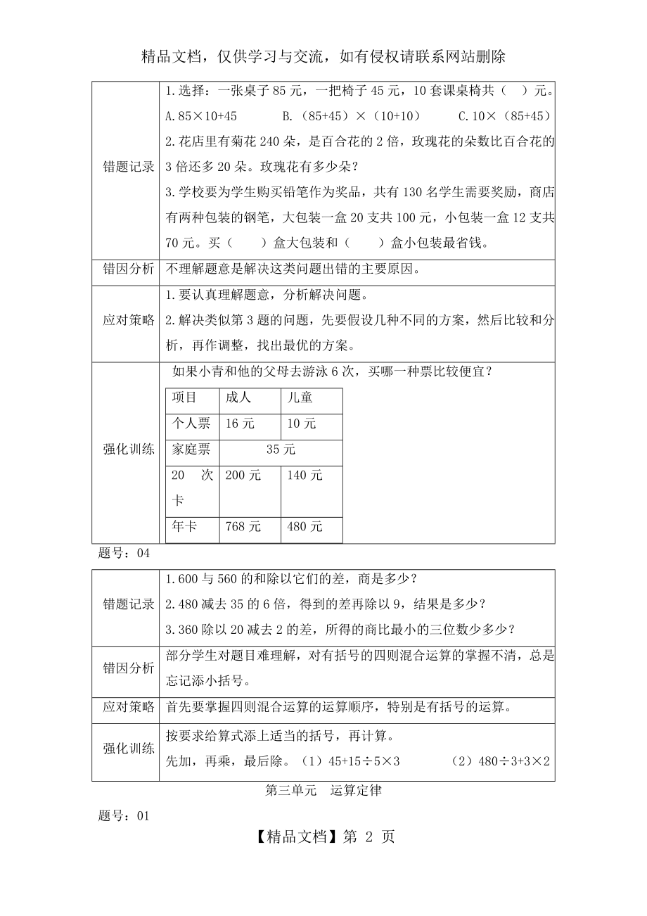 人教版四年级下册数学易错题记录与分析.doc_第2页