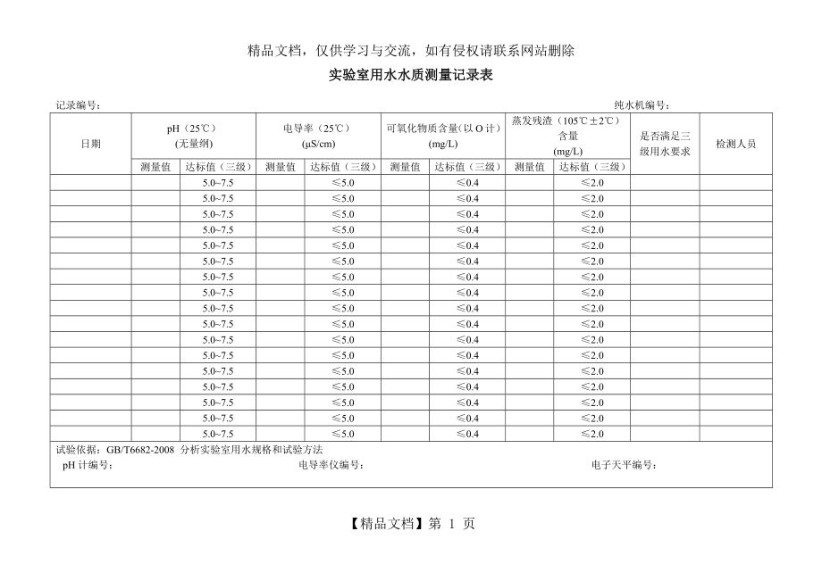 实验室用水质量记录表.docx_第1页