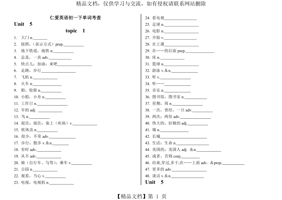 仁爱版英语七年级下册单词听写表(分单元).doc_第1页