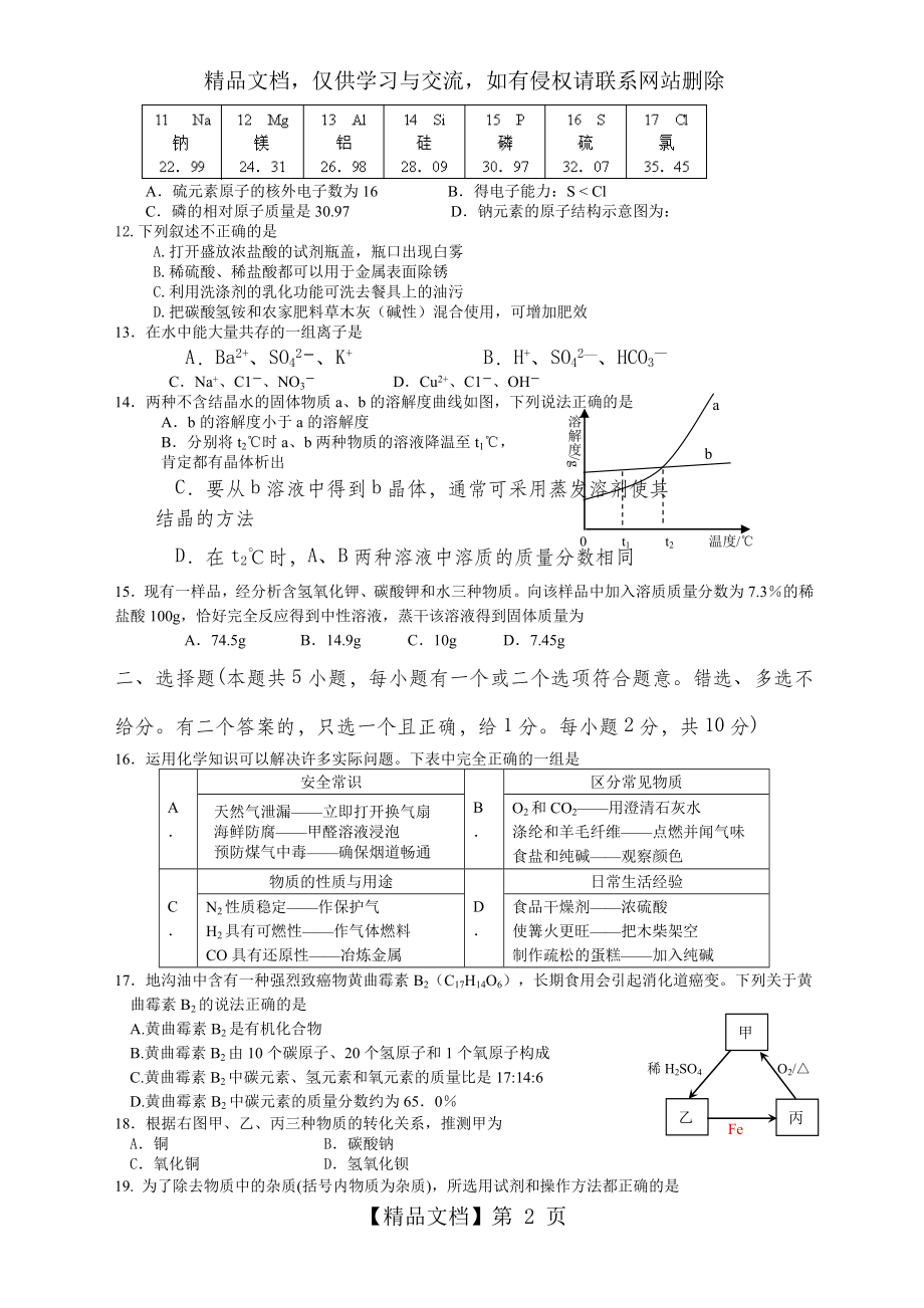 初中化学模拟题及答案二.docx_第2页