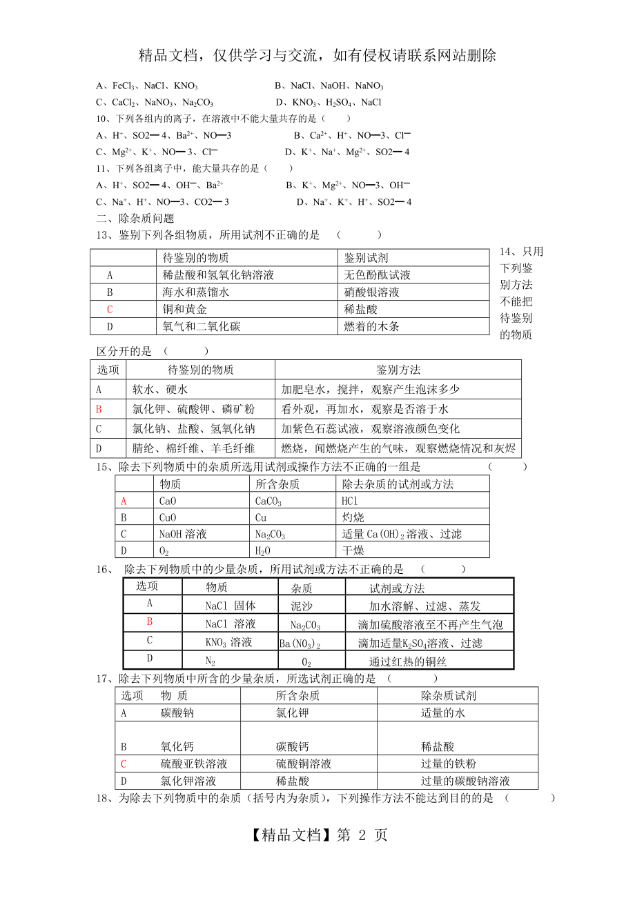 初三离子共存、物质鉴别和除杂练习.doc_第2页