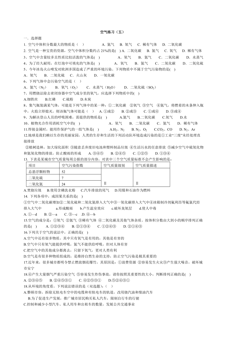 初三化学--空气练习题及答案.doc_第1页