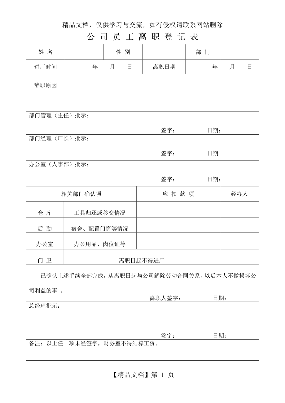 公司职工辞职登记表(很实用).doc_第1页