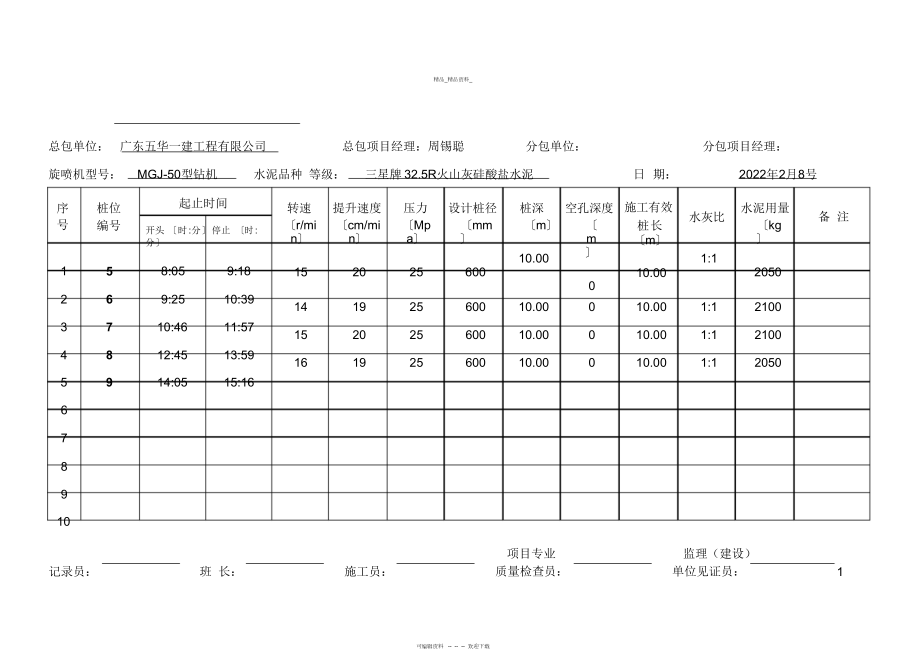 2022年高压旋喷桩施工记录 .docx_第2页