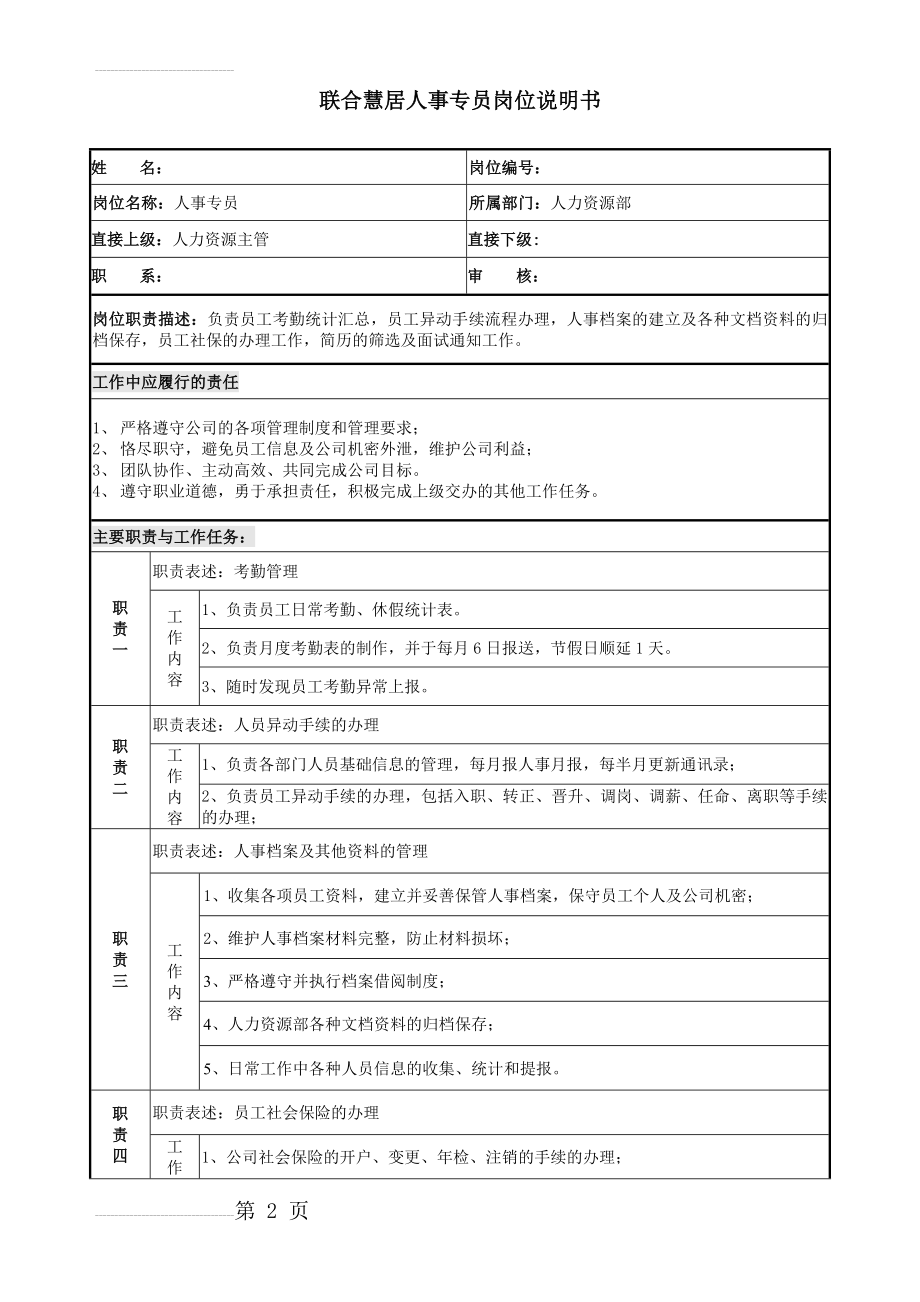 房地产公司人事专员岗位说明书(4页).doc_第2页