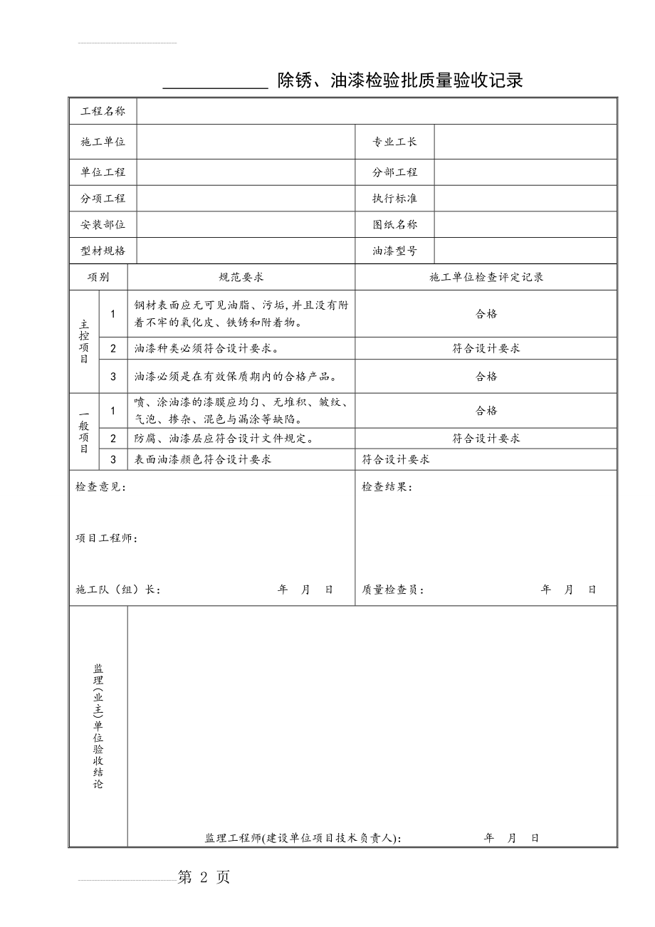 除锈、油漆检验批质量验收记录样表(2页).doc_第2页