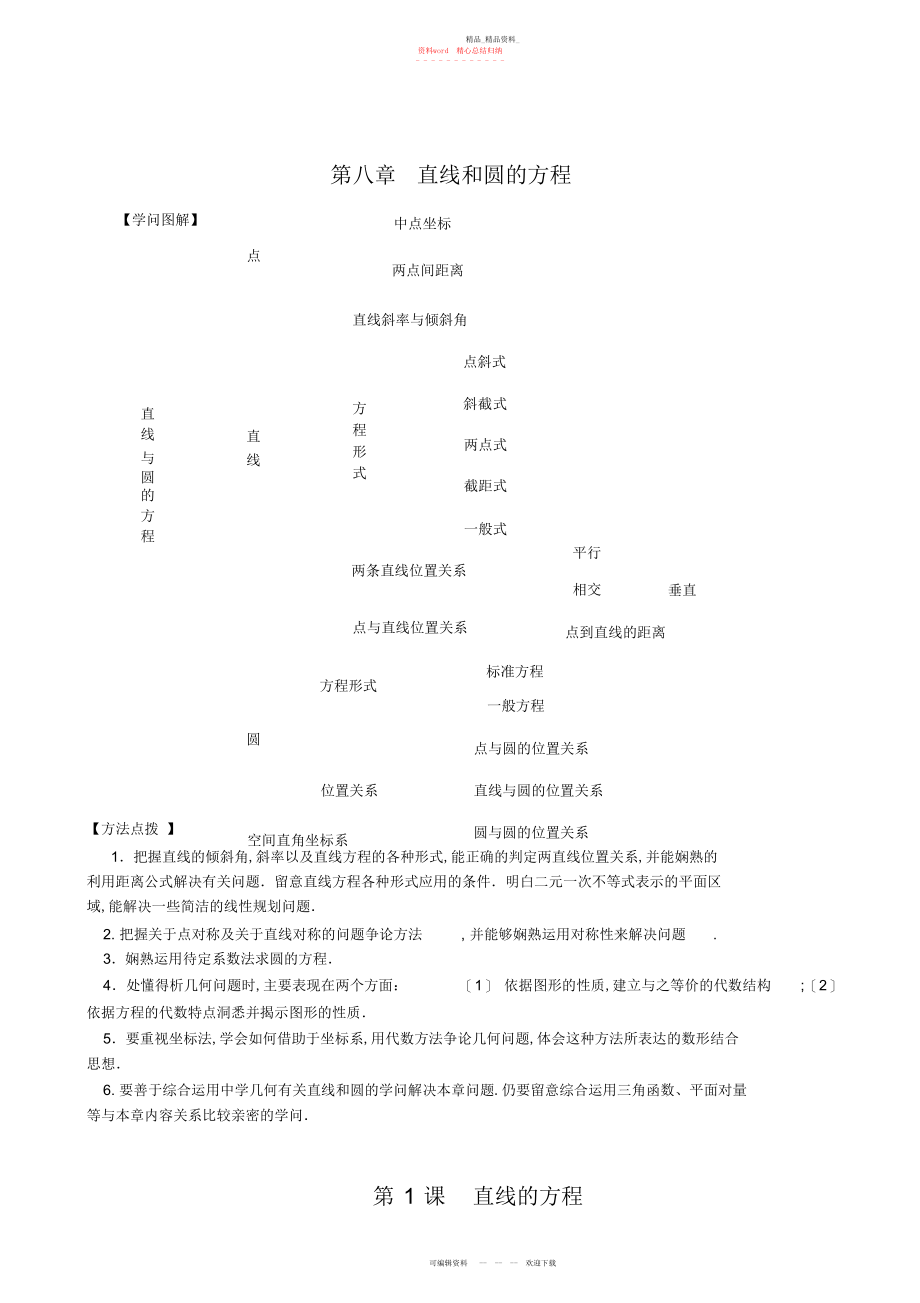 2022年高三数学一轮复习教案第八章直线和圆的方程汇总.docx_第1页