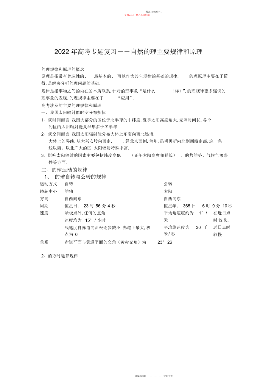 2022年高考专题复习――自然地理主要规律和原理.docx_第1页